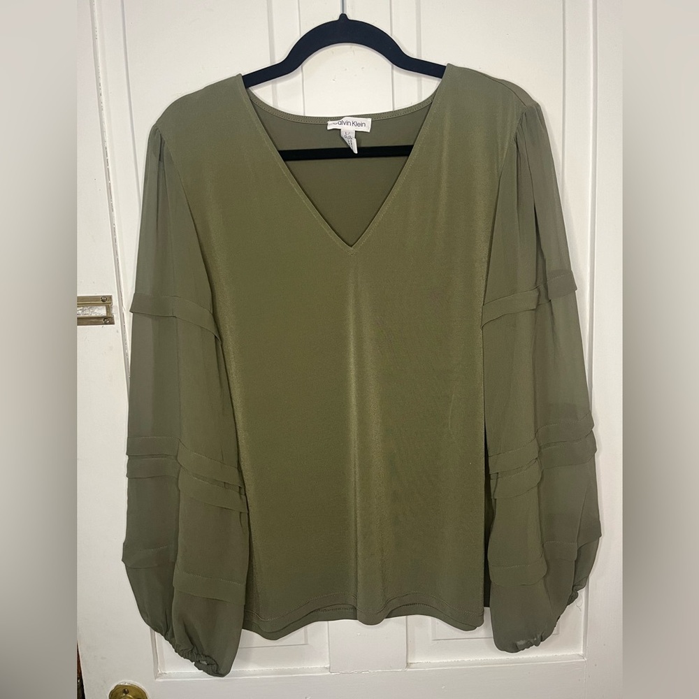 Calvin Klein Women’s Olive Green V-Neck Blouse Size L | Sheer Balloon Sleeve Top